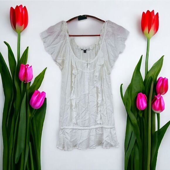 Express Frilly Solid White XS Ruffle Sleeve Peplum Top Ruffle Front Keyhole - Picture 9 of 9